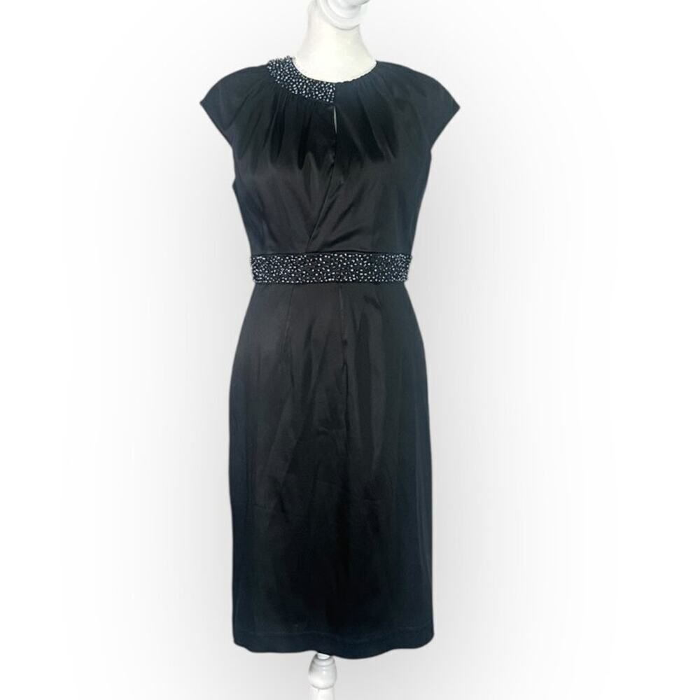 Adrianna Papell Cocktail Dress Women's 4 Black Satin Beaded Cap Sleeve Sheath